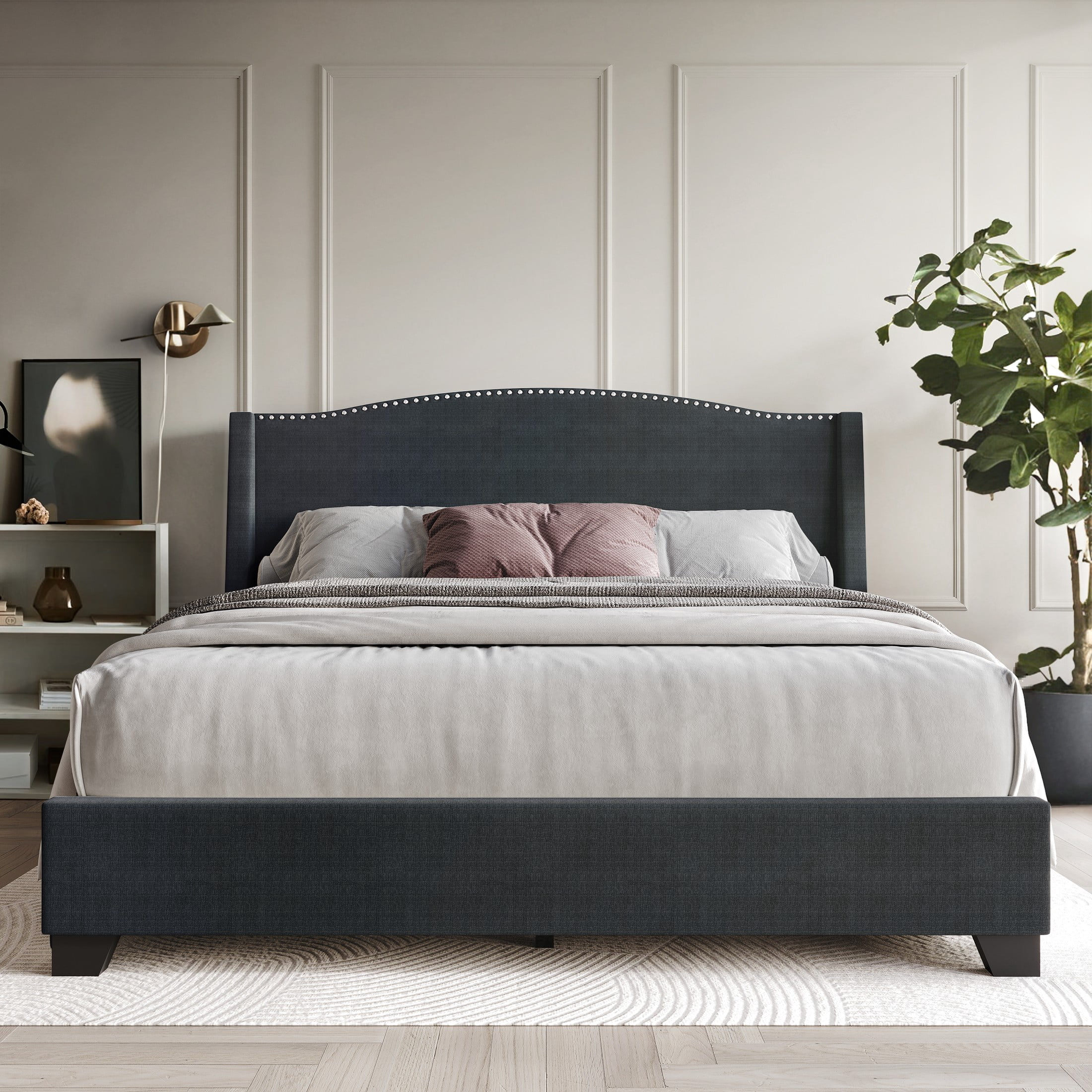 Castle Place Linen Platform Bed, Queen Size, Charcoal Grey with Storage