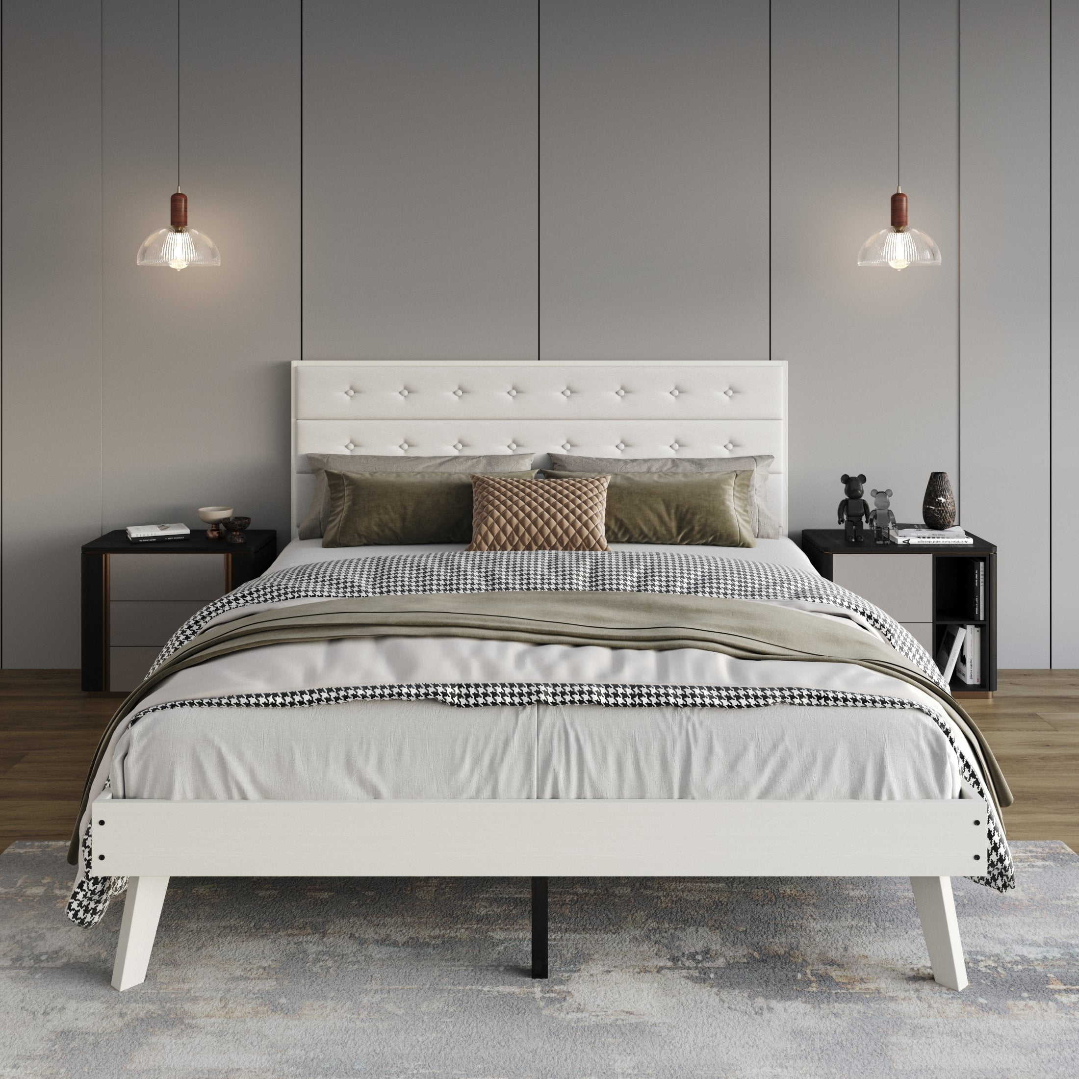 Castle Place Elegant Mid-Century Wooden King Platform Bed, White