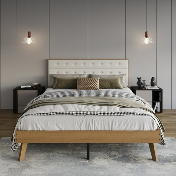 Castle Place Elegant Mid-Century Wooden Queen Platform Bed, Light Oak