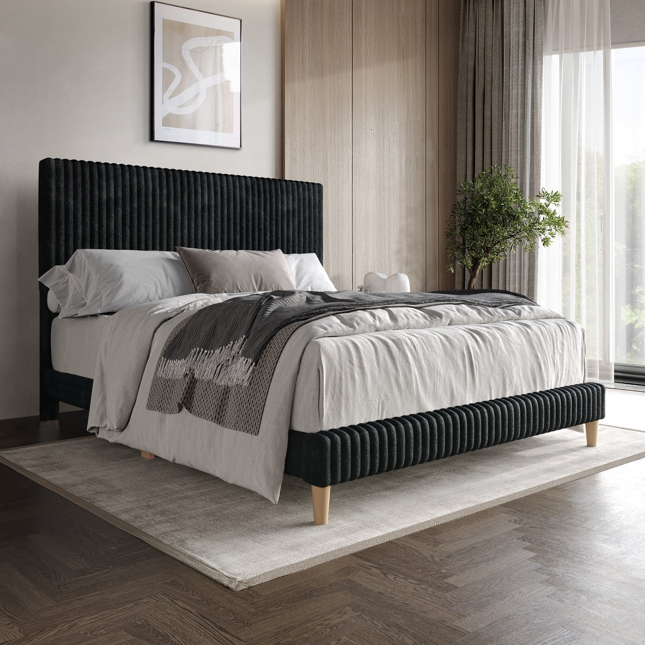 Castle Place Elegant Plush Corduroy Velvet Queen Upholstered Bed, Dark Grey
