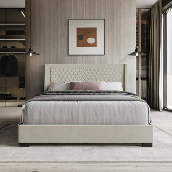 Castle Place Elegant Retreat Diamond Stitch Velvet Full Platform Bed with Storage Drawers, Beige
