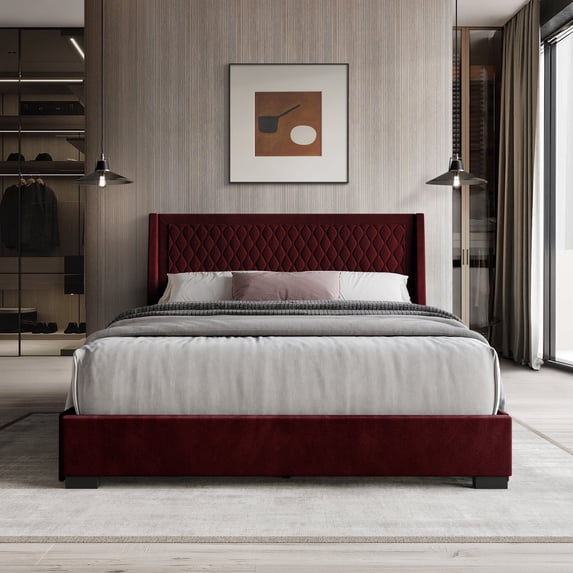 Castle Place Elegant Retreat Diamond Stitch Velvet Full Platform Bed with Storage Drawers, Red