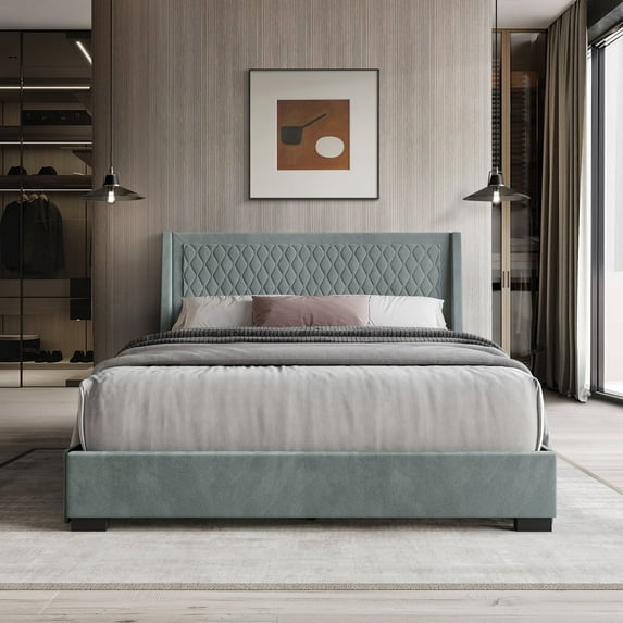 Castle Place Elegant Retreat Diamond Stitch Velvet Queen Platform Bed with Storage Drawers, Light Blue