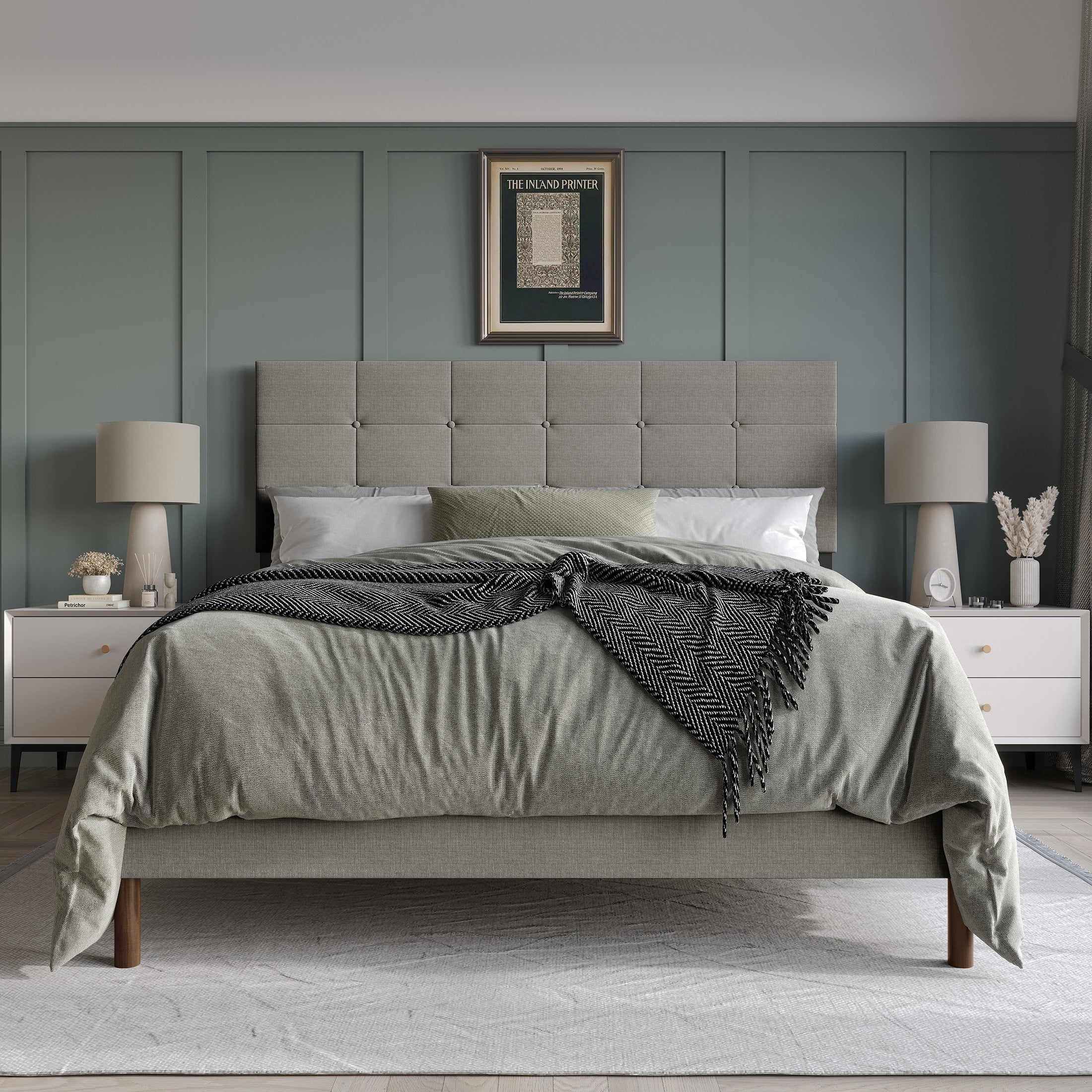 Castle Place Elegant Square Tufted Linen Upholstered Full Platform Bed, Light Grey