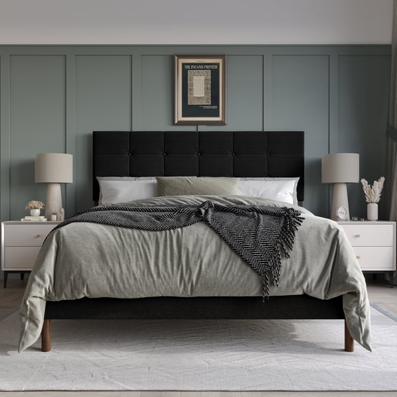Castle Place Elegant Square Tufted Linen Upholstered Queen Platform Bed, Black