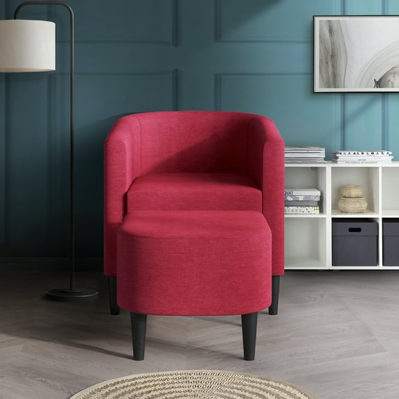 Castle Place Elegant Upholstered Linen Accent Chair with Stool, Red