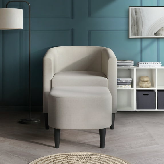 Castle Place Elegant Upholstered Linen Accent Chair with Stool, Warm Grey