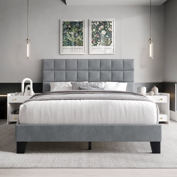 Castle Place Elegant Velvet Upholstered Full Platform Bed, Light Grey