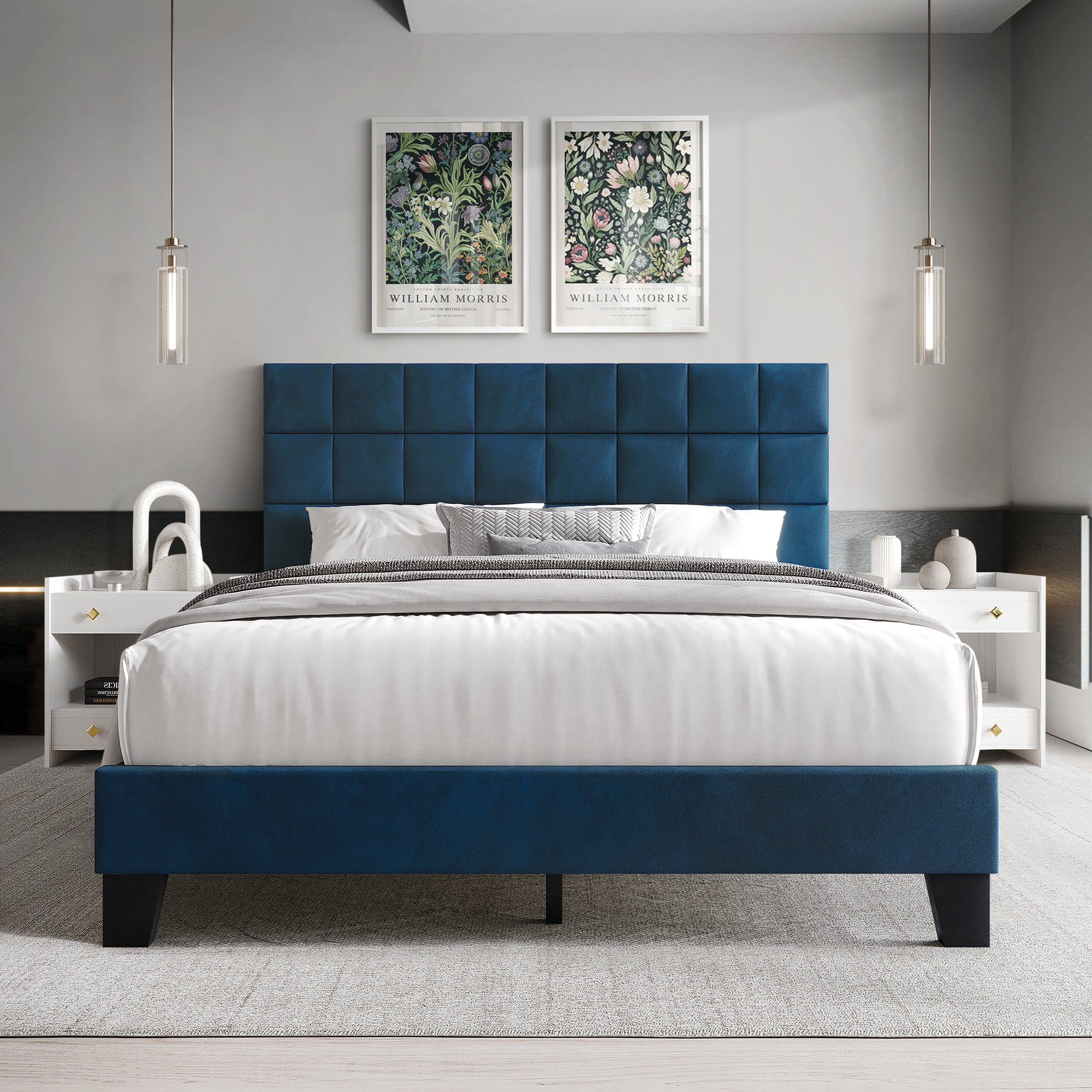 Castle Place Elegant Velvet Upholstered Queen Platform Bed, Navy Blue