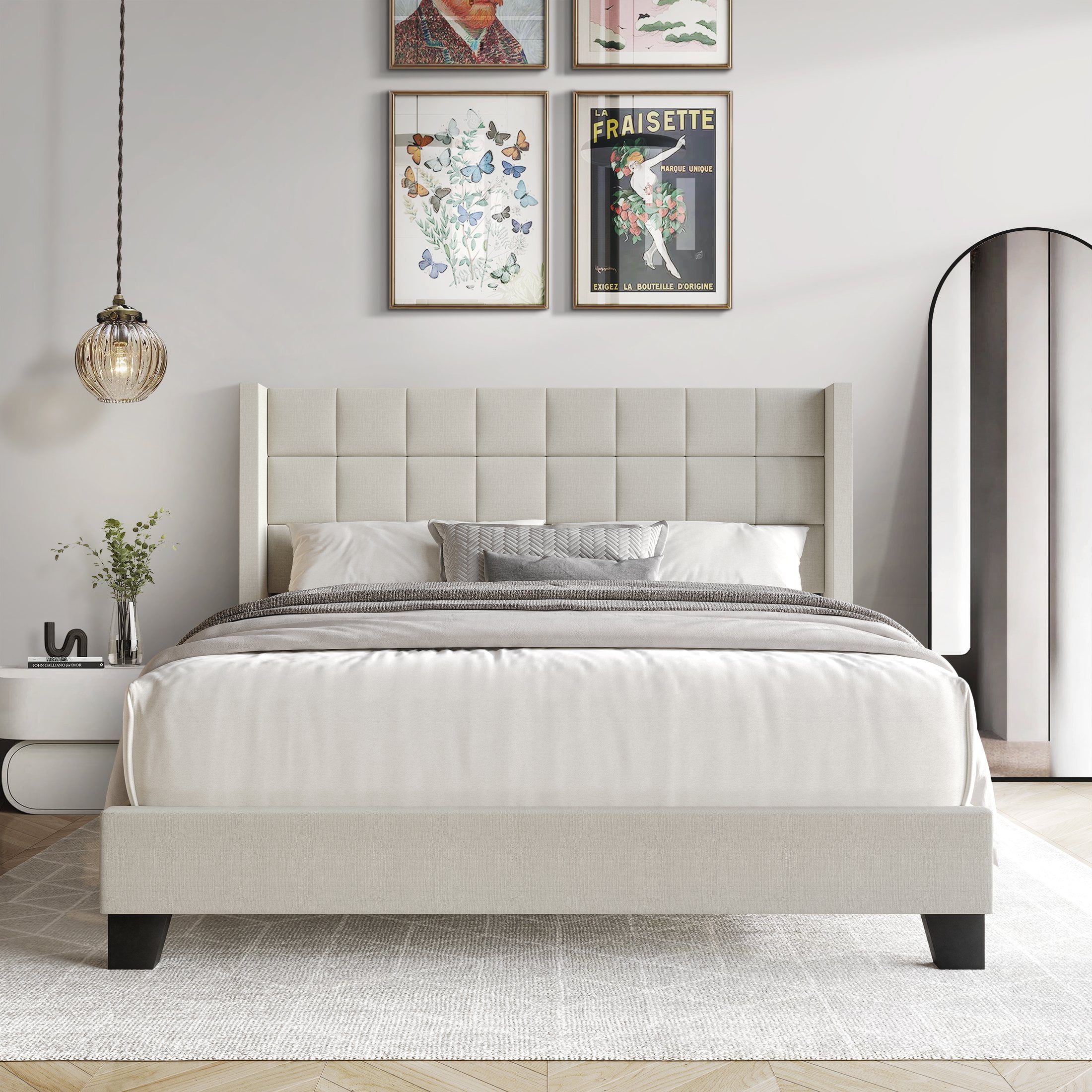 Castle Place Elegant Wingback Linen Upholstered Full Bed, Warm Grey