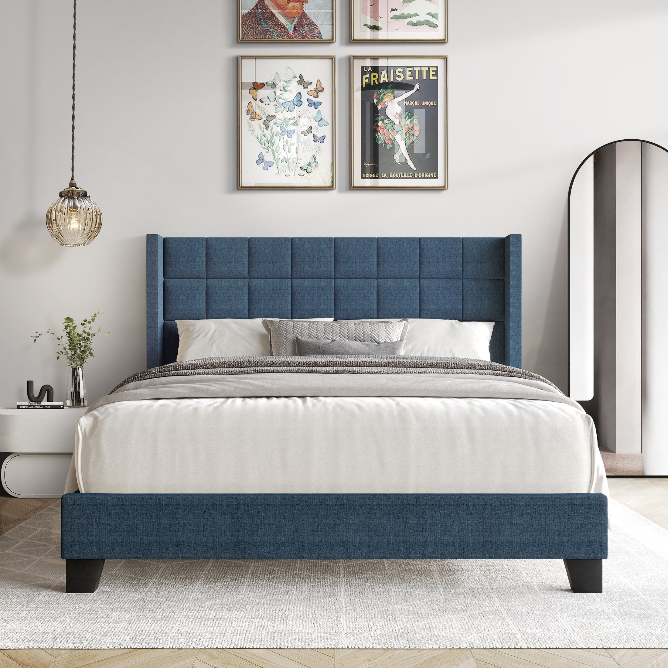 Castle Place Elegant Wingback Linen Upholstered King Bed, Blue
