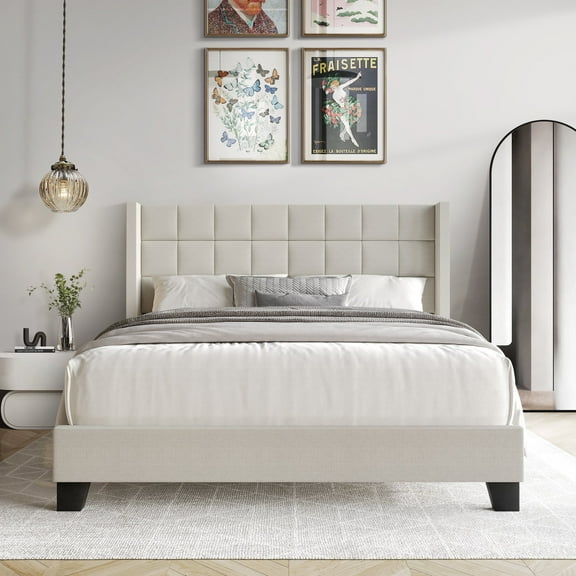Castle Place Elegant Wingback Linen Upholstered Queen Bed, Warm Grey