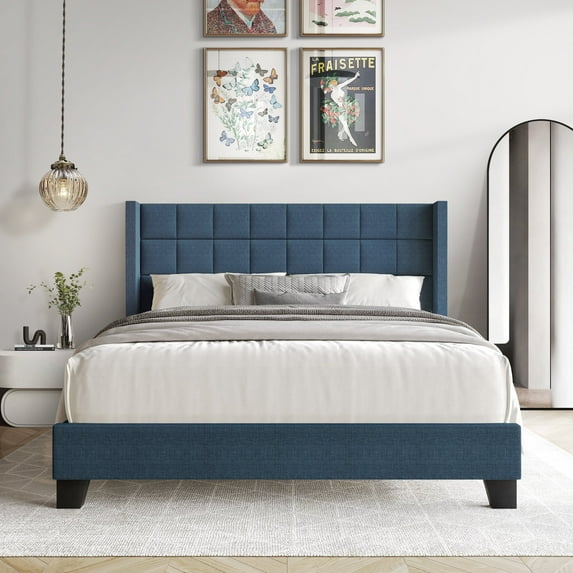 Castle Place Elegant Wingback Linen Upholstered Twin Bed, Blue