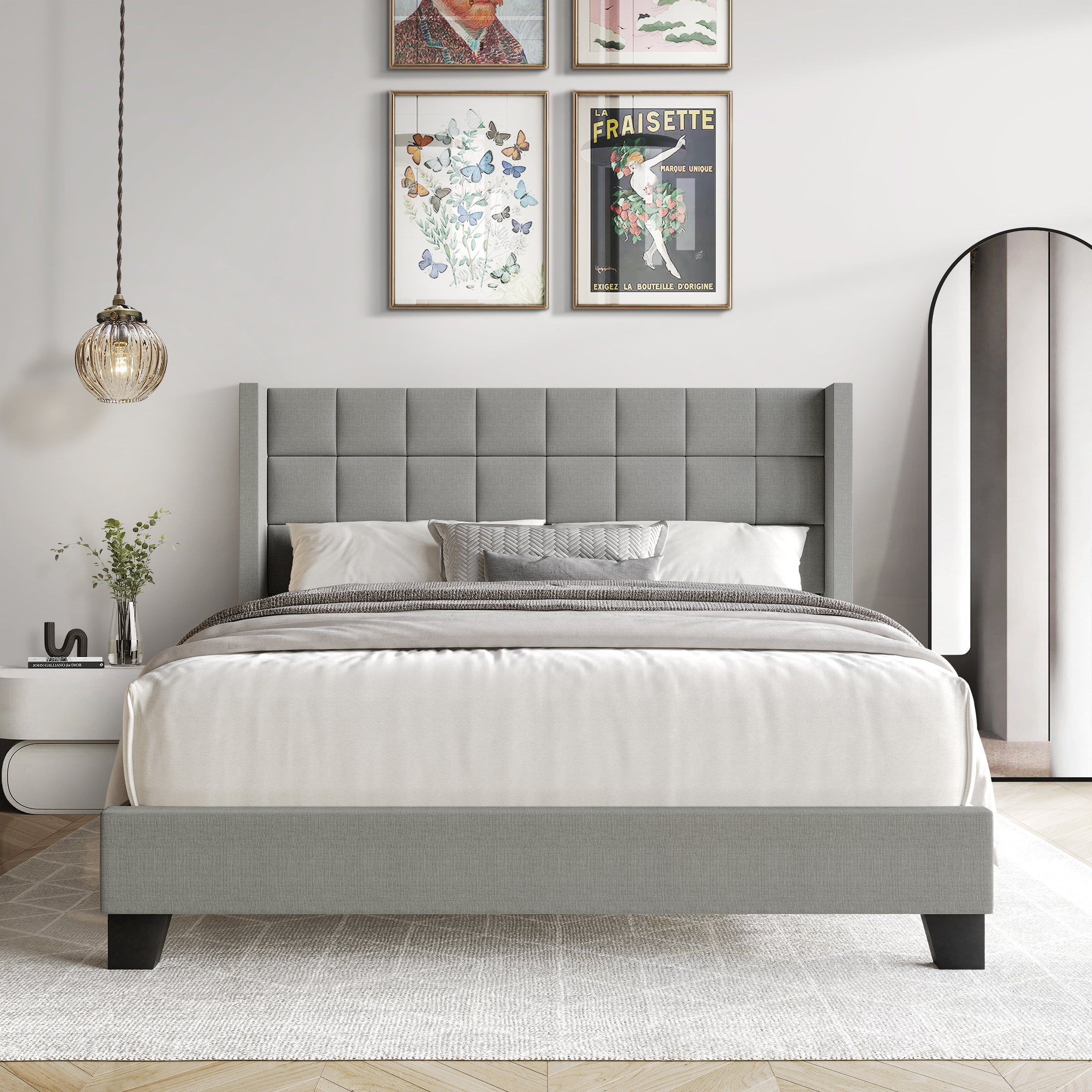 Castle Place Elegant Wingback Linen Upholstered Twin Bed, Light Grey