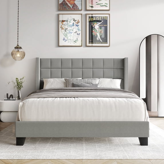 Castle Place Elegant Wingback Linen Upholstered Twin Bed, Light Grey