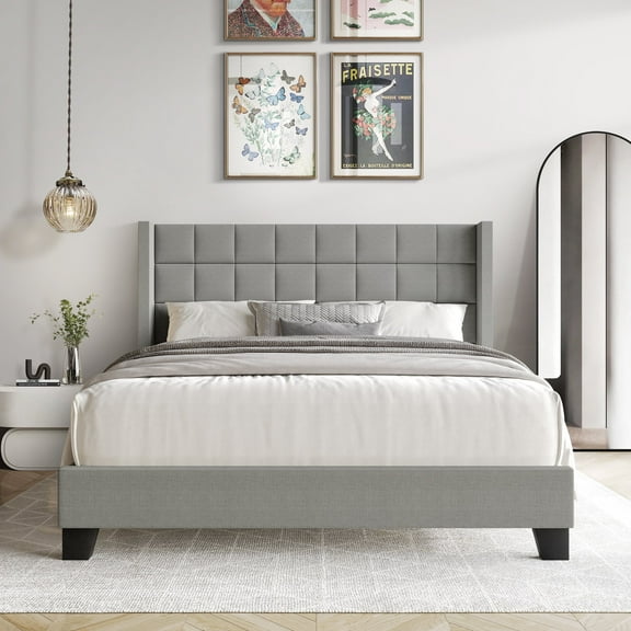 Castle Place Elegant Wingback Linen Upholstered Twin Bed, Light Grey