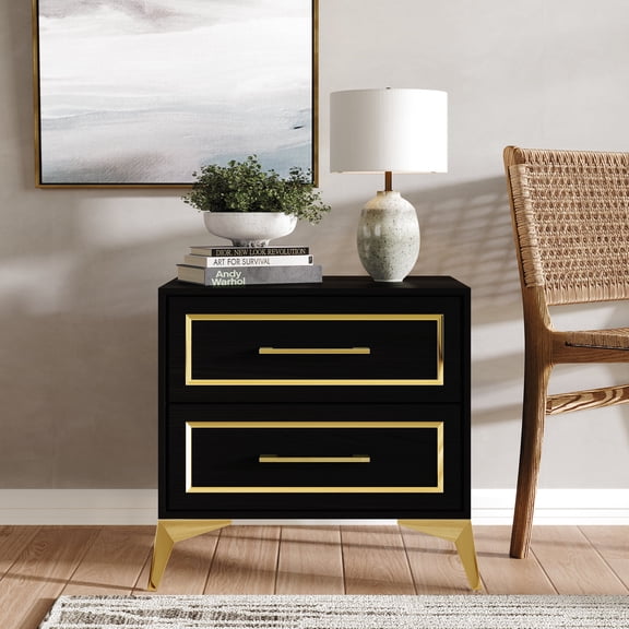 Castle Place Glam 2-Drawers Nightstand, Black