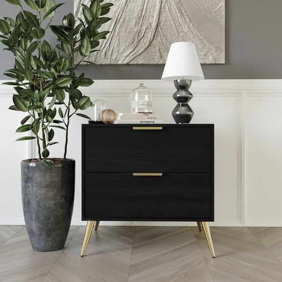 Castle Place Glam 2 Drawers Wooden Nightstand, Black
