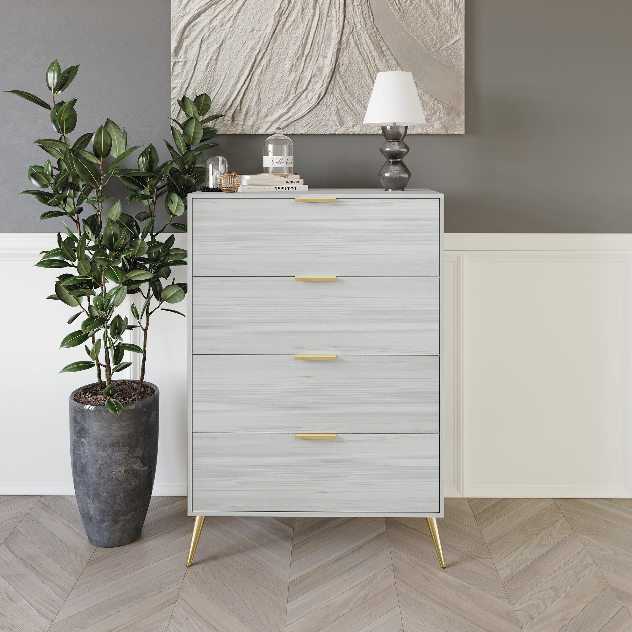 Castle Place Glam 4 Drawers Wooden Dresser, Light Grey