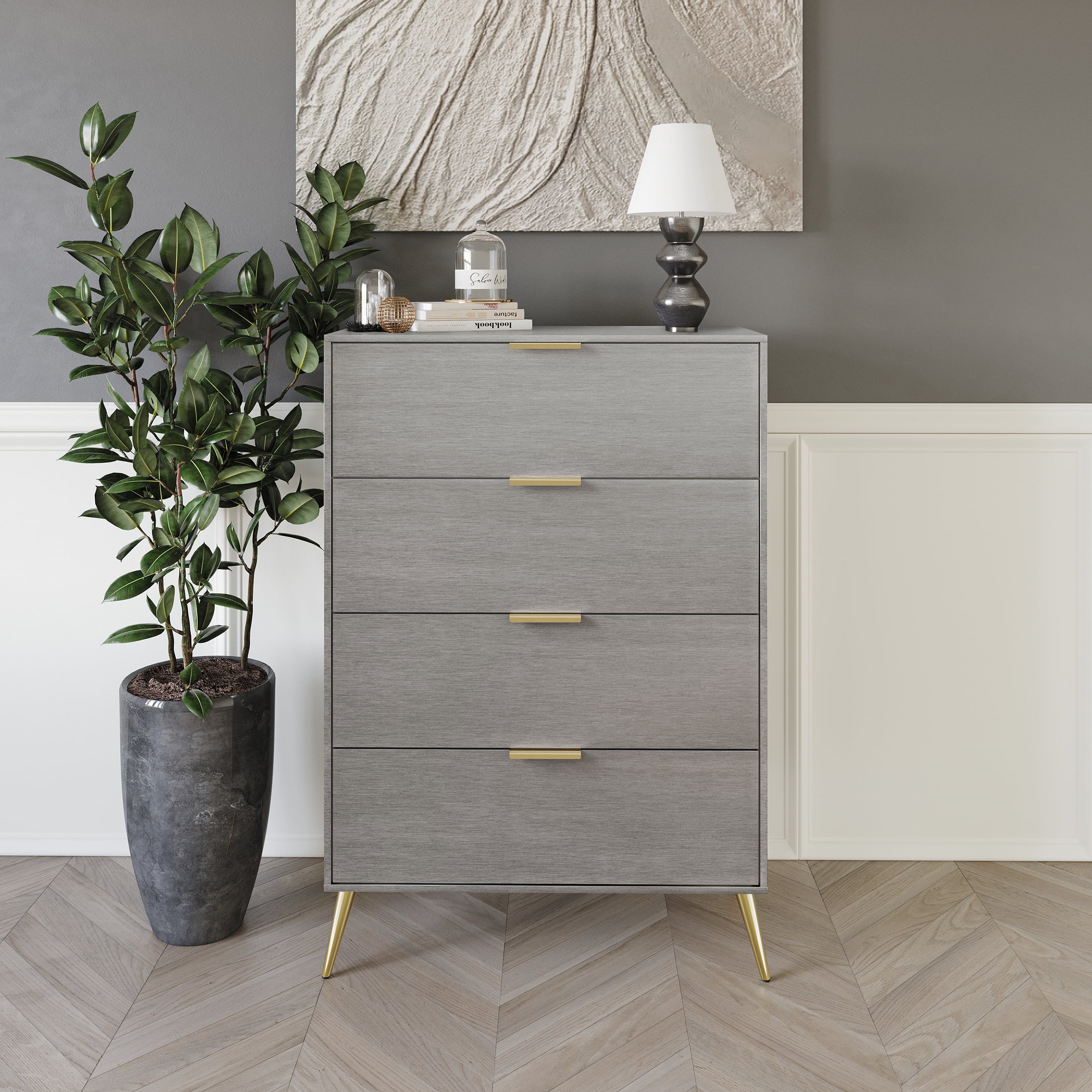Castle Place Glam 4 Drawers Wooden Dresser, Silver Castle Place Glam 4 Drawers Wooden Dresser, Silver