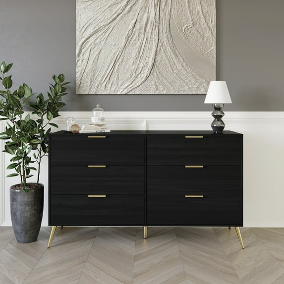 Castle Place Glam 6 Drawers Wooden Dresser, Black