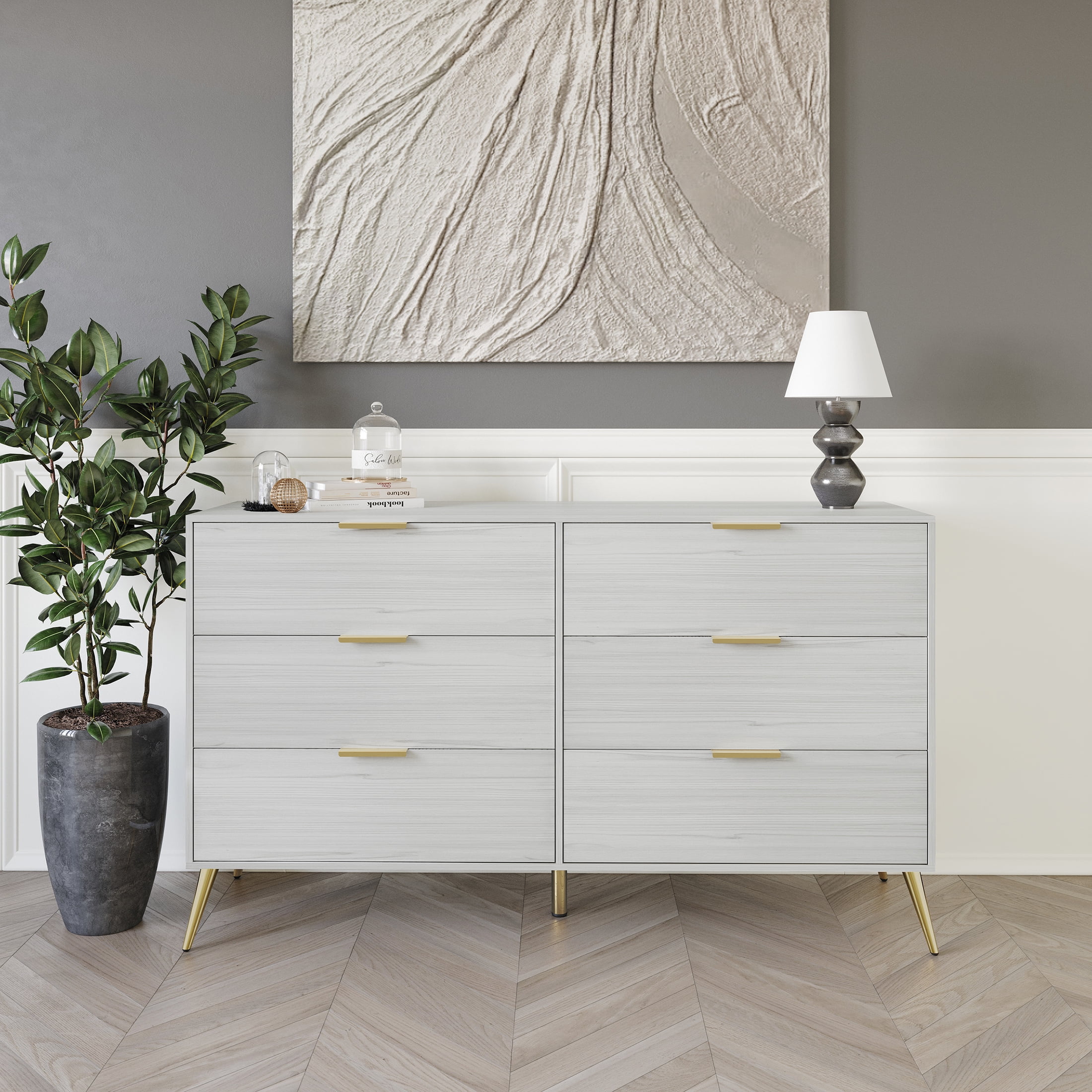 light grey dresser with gold hardware Jarin 36