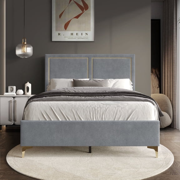 Castle Place Glam Velvet Upholstered Full Bed, Light Grey