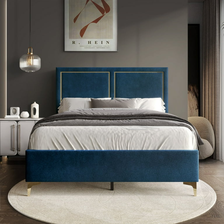 CraftPorch Minimalist Upholstered Velvet Bed King Blue