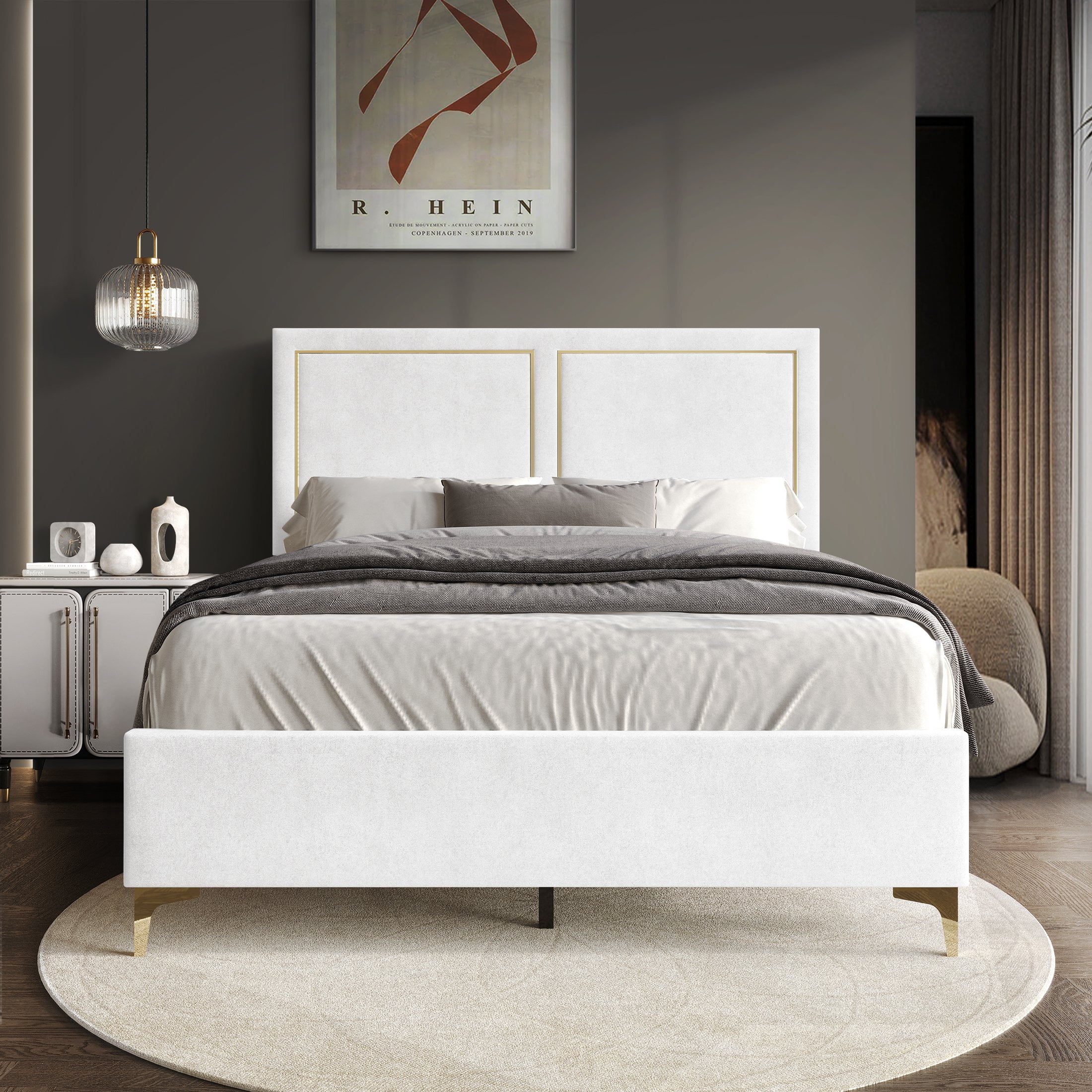 Castle Place Glam Velvet Upholstered King Bed, White