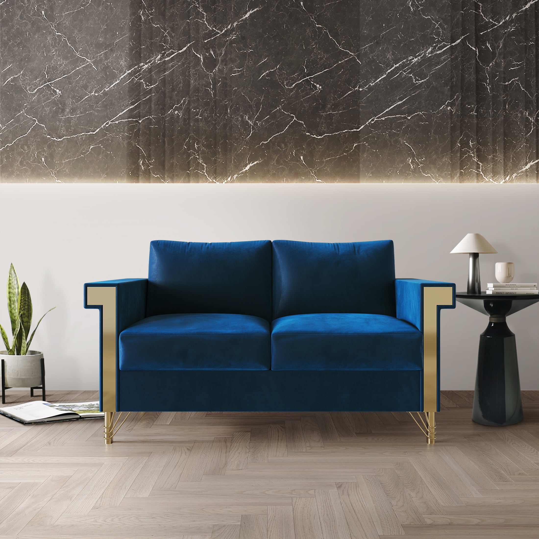 Castle Place Glam Velvet Upholstered Loveseat, Navy Blue