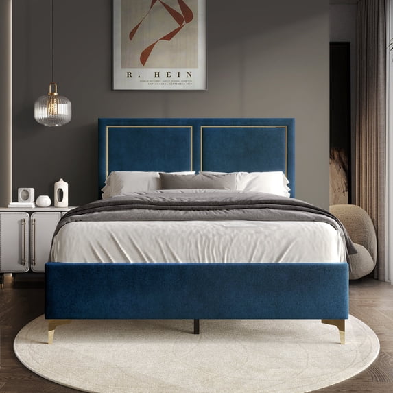 Castle Place Glam Velvet Upholstered Queen Bed, Navy Blue