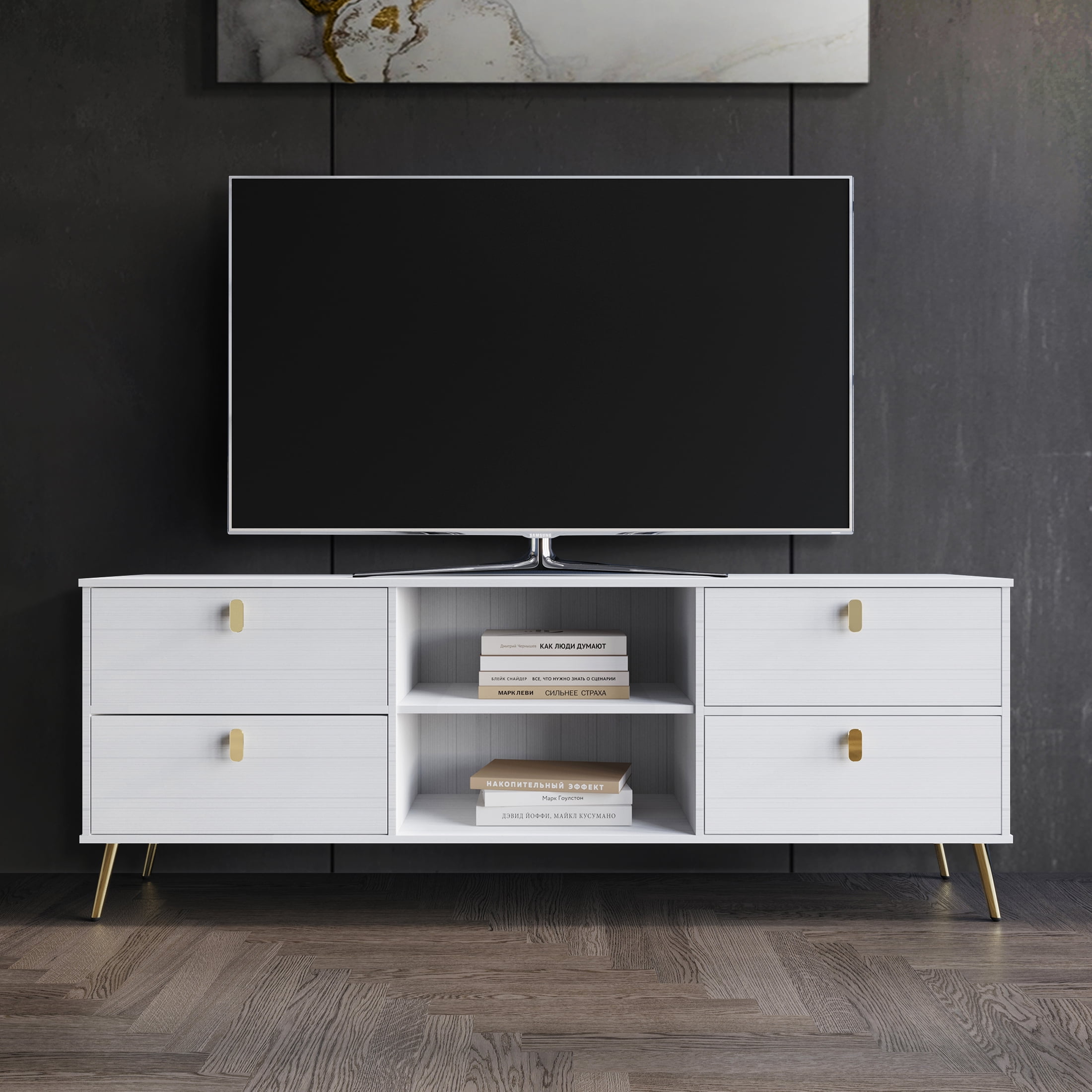 Castle Place Glam Wood TV Stand with Gold Metal Legs, for TVs up to 65", White