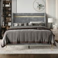 thumbnail image 1 of Castle Place Corduroy Gold PU Strip Wingback Upholstered Twin Bed, Grey, 1 of 6