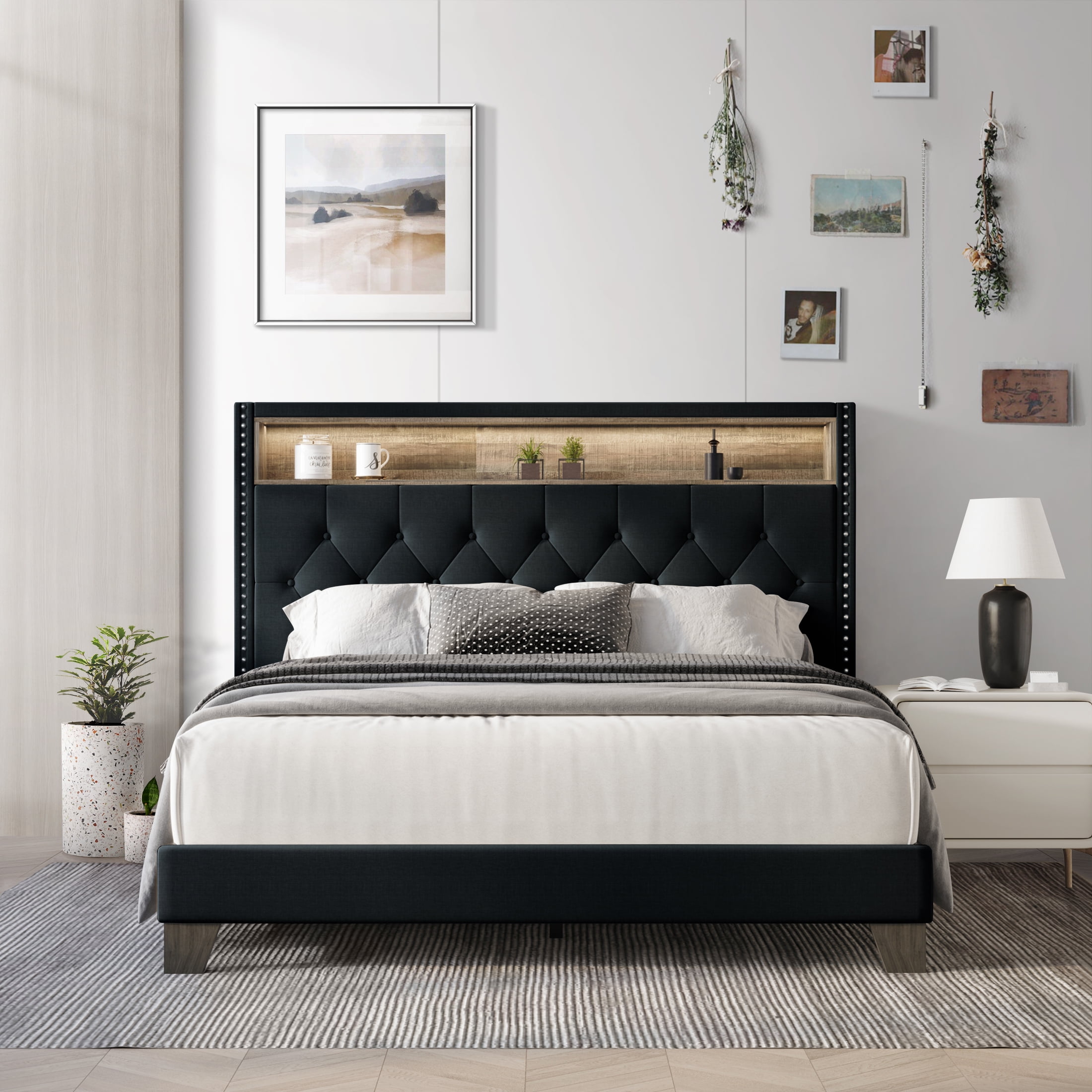 Castle Place LED Light Nailhead Trim Linen Upholstered Bookcase Bed, Charcoal Grey, King