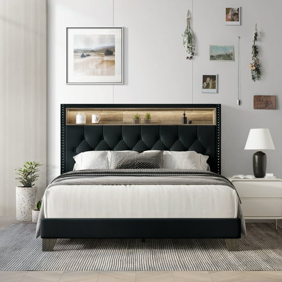 Castle Place LED Light Nailhead Trim Linen Upholstered Bookcase Bed, Charcoal Grey, Queen
