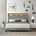 thumbnail image 1 of Castle Place LED Light Nailhead Trim Linen Upholstered Bookcase Bed, Light Grey, Full, 1 of 7
