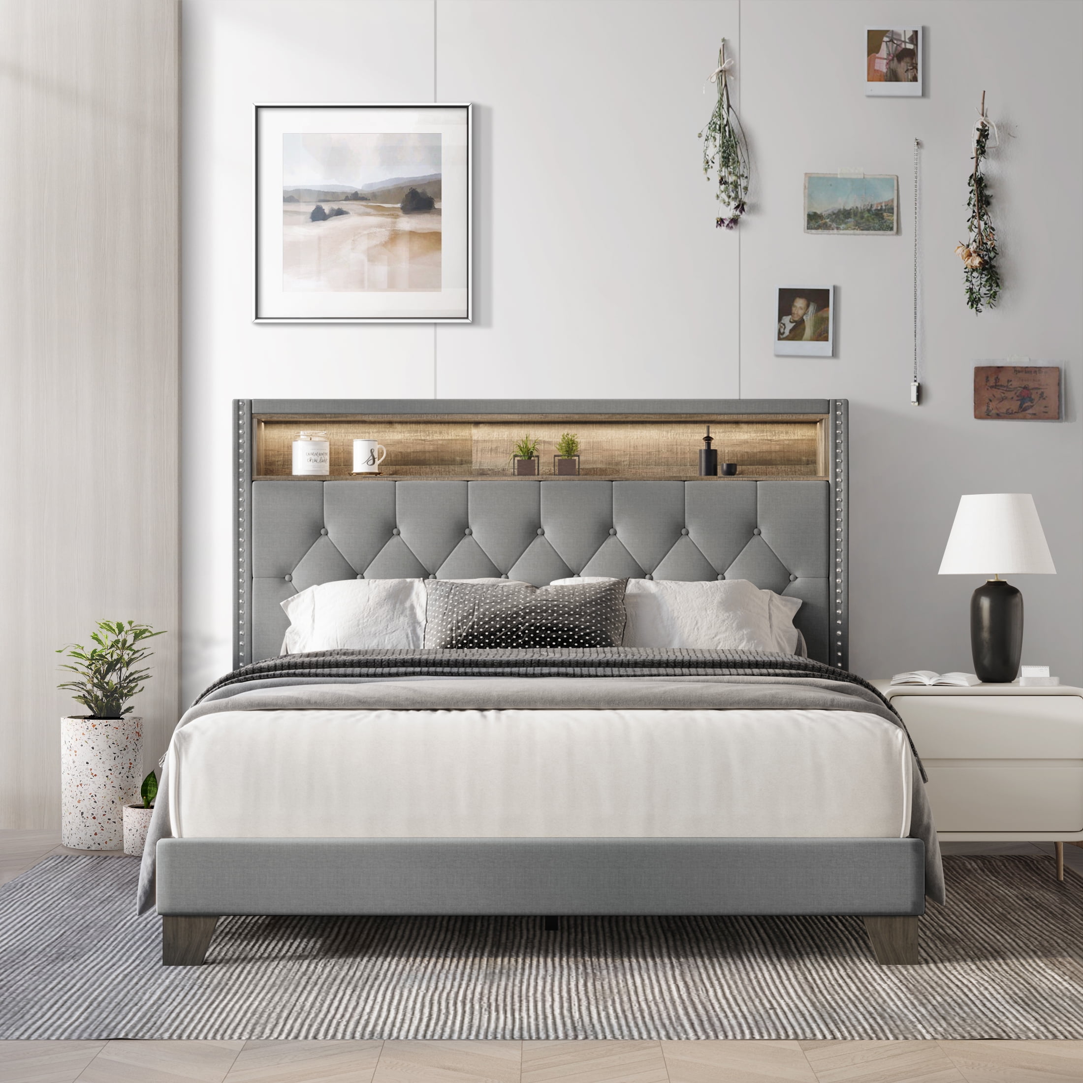 Castle Place LED Light Nailhead Trim Linen Upholstered Bookcase Bed, Light Grey, Twin