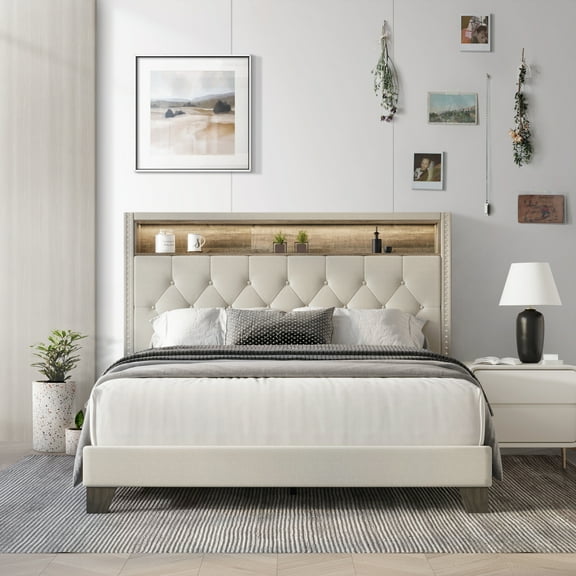 Castle Place LED Light Nailhead Trim Linen Upholstered Bookcase Bed, Warm Grey, King