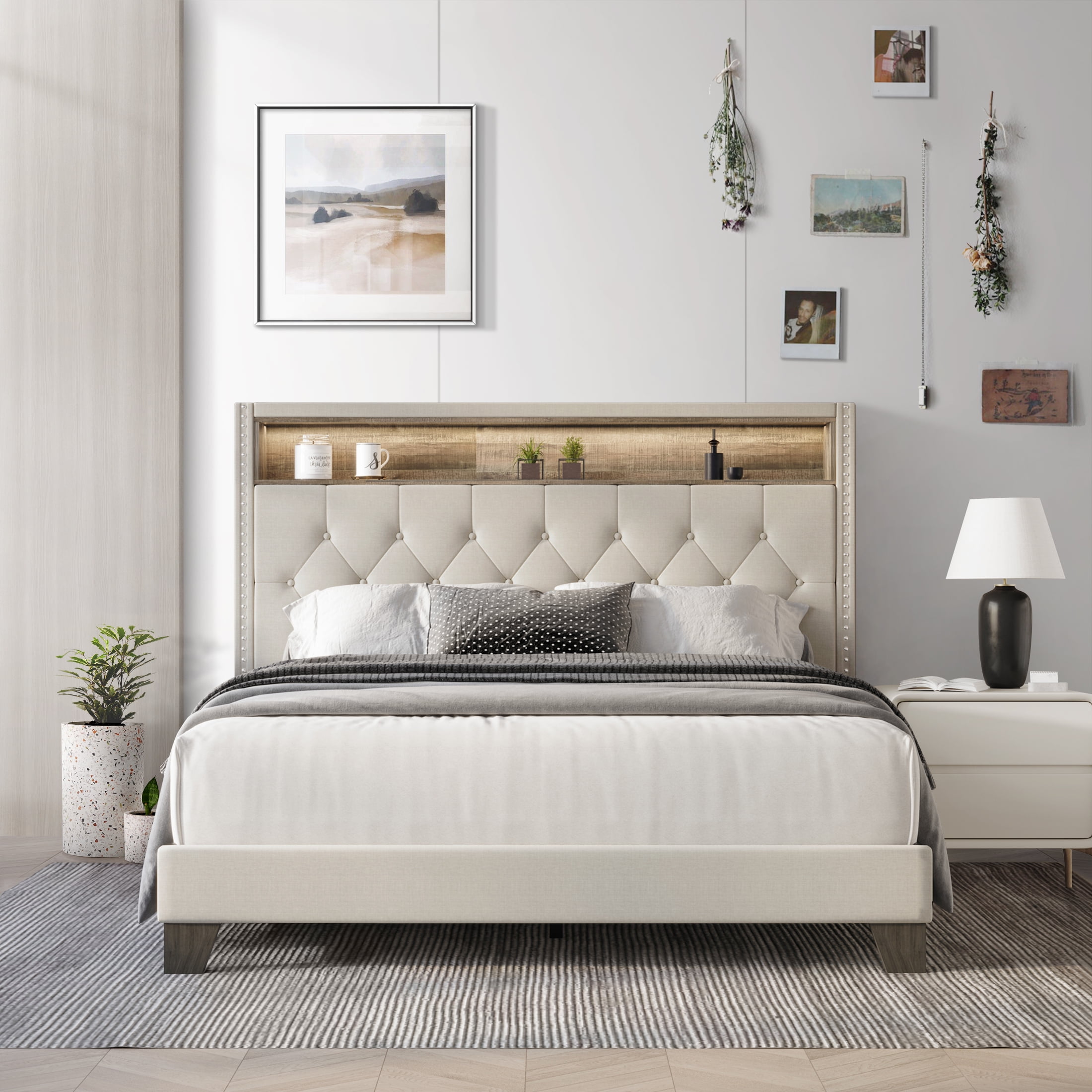 Castle Place LED Light Nailhead Trim Linen Upholstered Bookcase Bed, Warm Grey, Twin