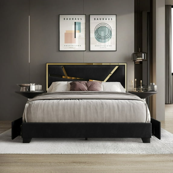Castle Place Luxe Haven Velvet Full Platform Bed with 4 Storage Drawers, Black