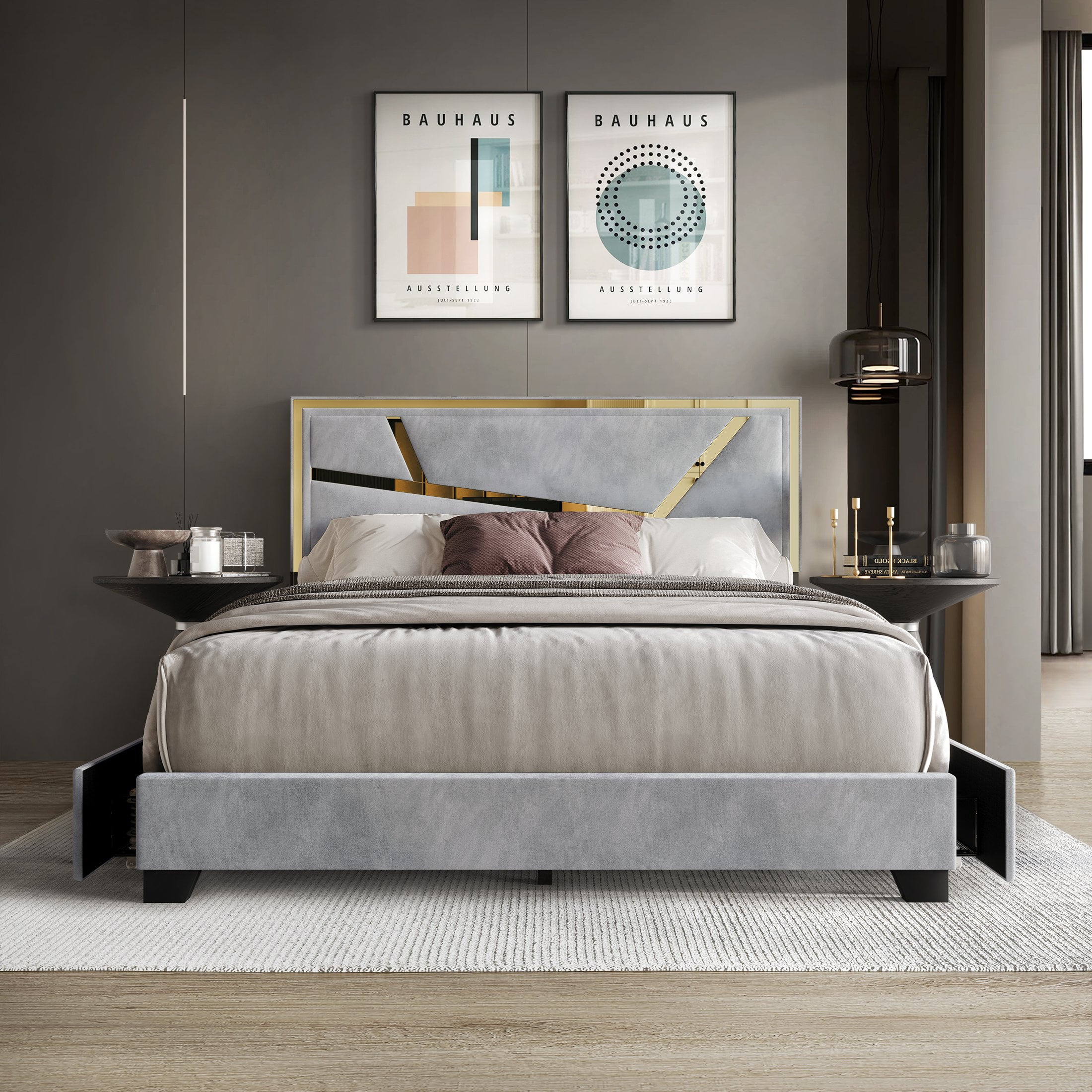 Castle Place Luxe Haven Velvet King Platform Bed with 4 Storage Drawers, Silver Grey