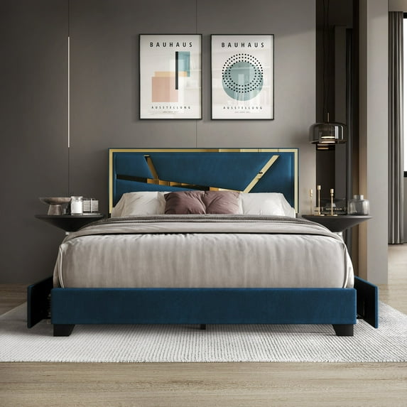 Castle Place Luxe Haven Velvet Queen Platform Bed with 4 Storage Drawers, Navy Blue