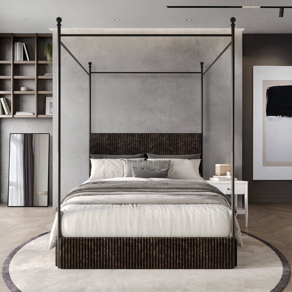 Castle Place Luxurious Corduroy Velvet King Metal Platform Bed with 4 Storage Drawers, Brown