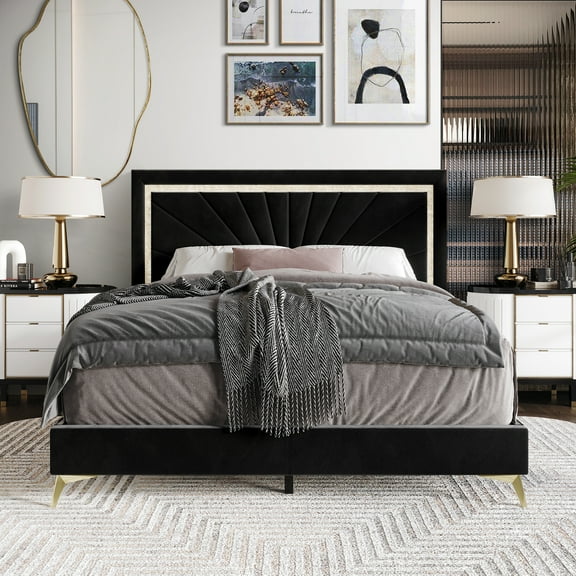 Castle Place Luxurious Diamond Strip Velvet Upholstered Bed Black, Full