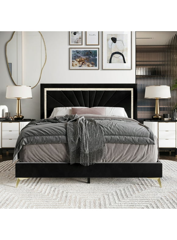 Castle Place Luxurious Diamond Strip Velvet Upholstered Bed Black, Full