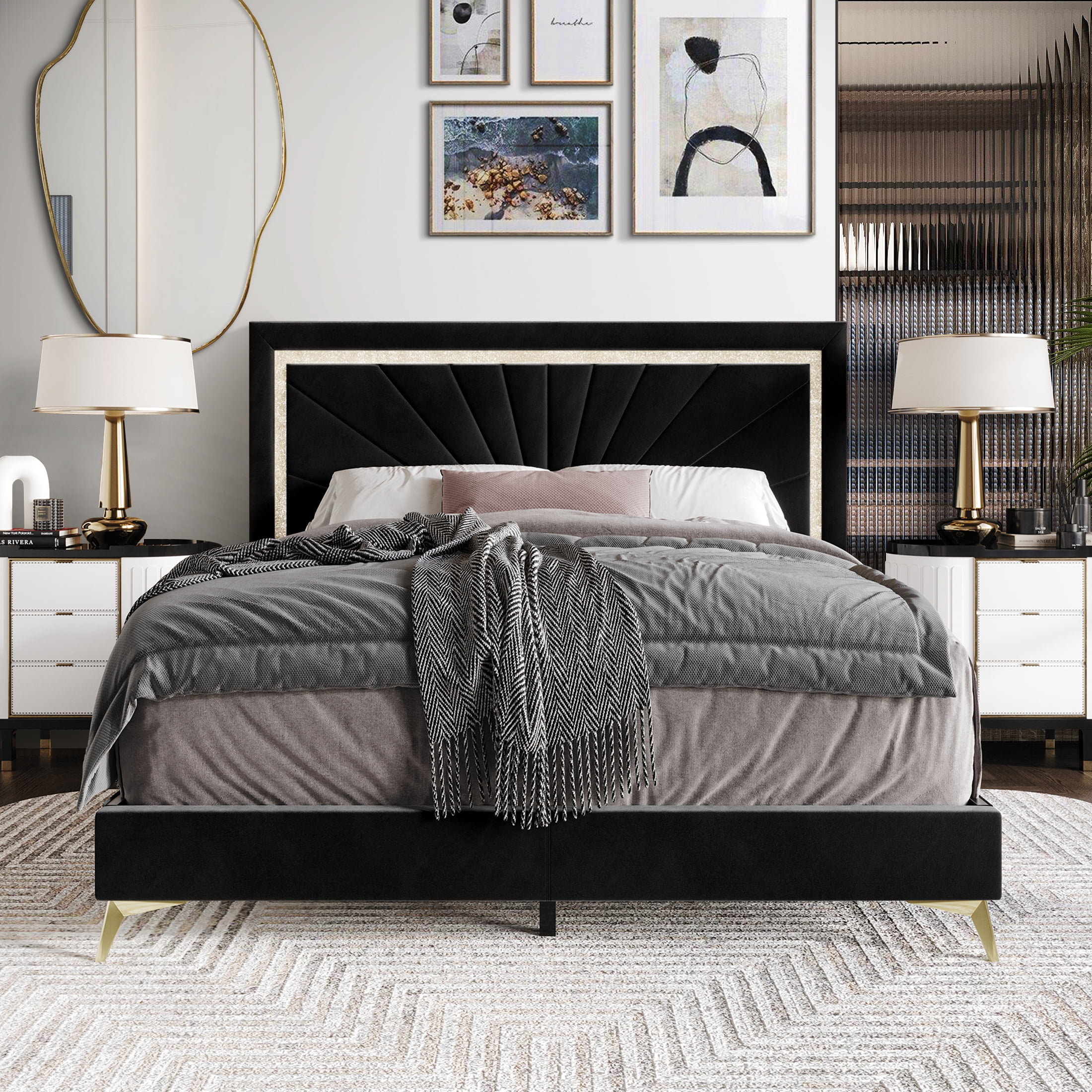 Castle Place Luxurious Diamond Strip Velvet Upholstered Bed Black, Queen