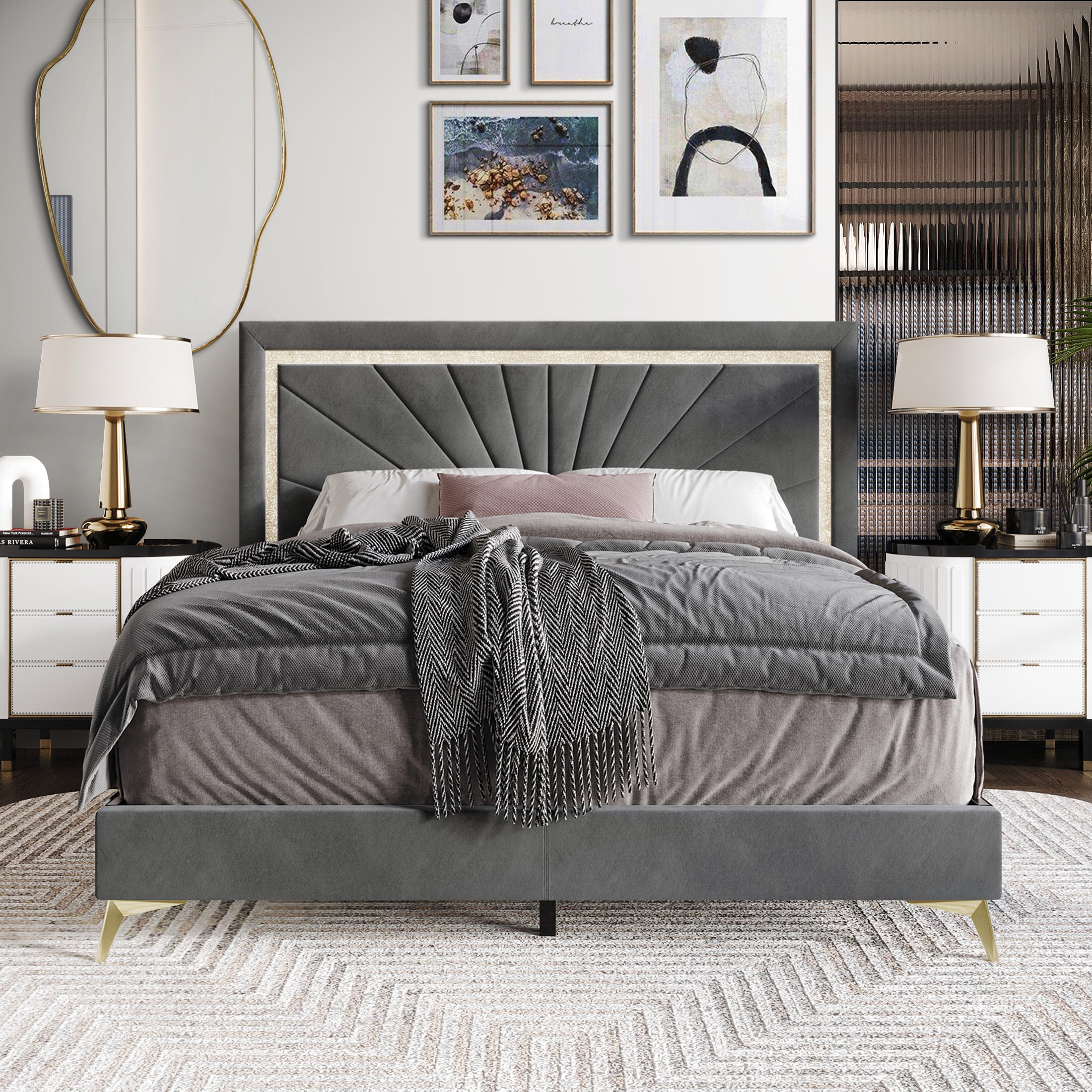 Castle Place Luxurious Diamond Strip Velvet Upholstered Bed Light Grey, Queen