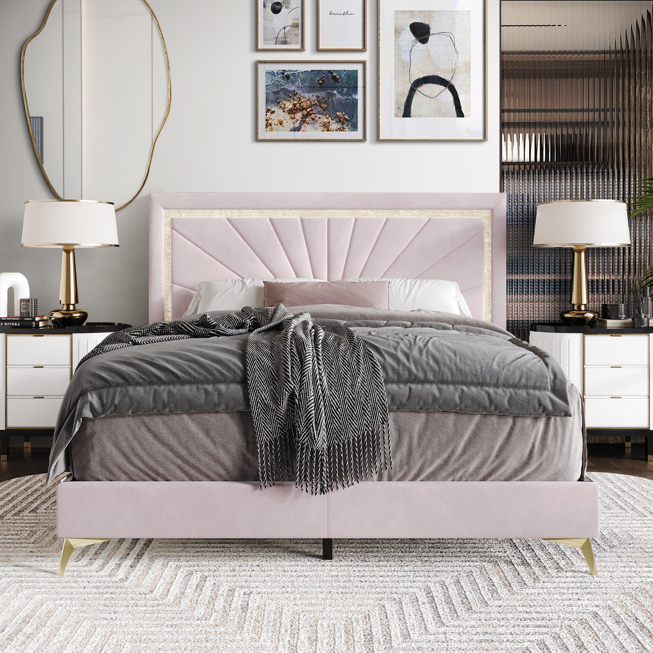 Castle Place Luxurious Diamond Strip Velvet Upholstered Bed Light Pink, Full