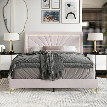 Castle Place Luxurious Diamond Strip Velvet Upholstered Bed Light Pink, King