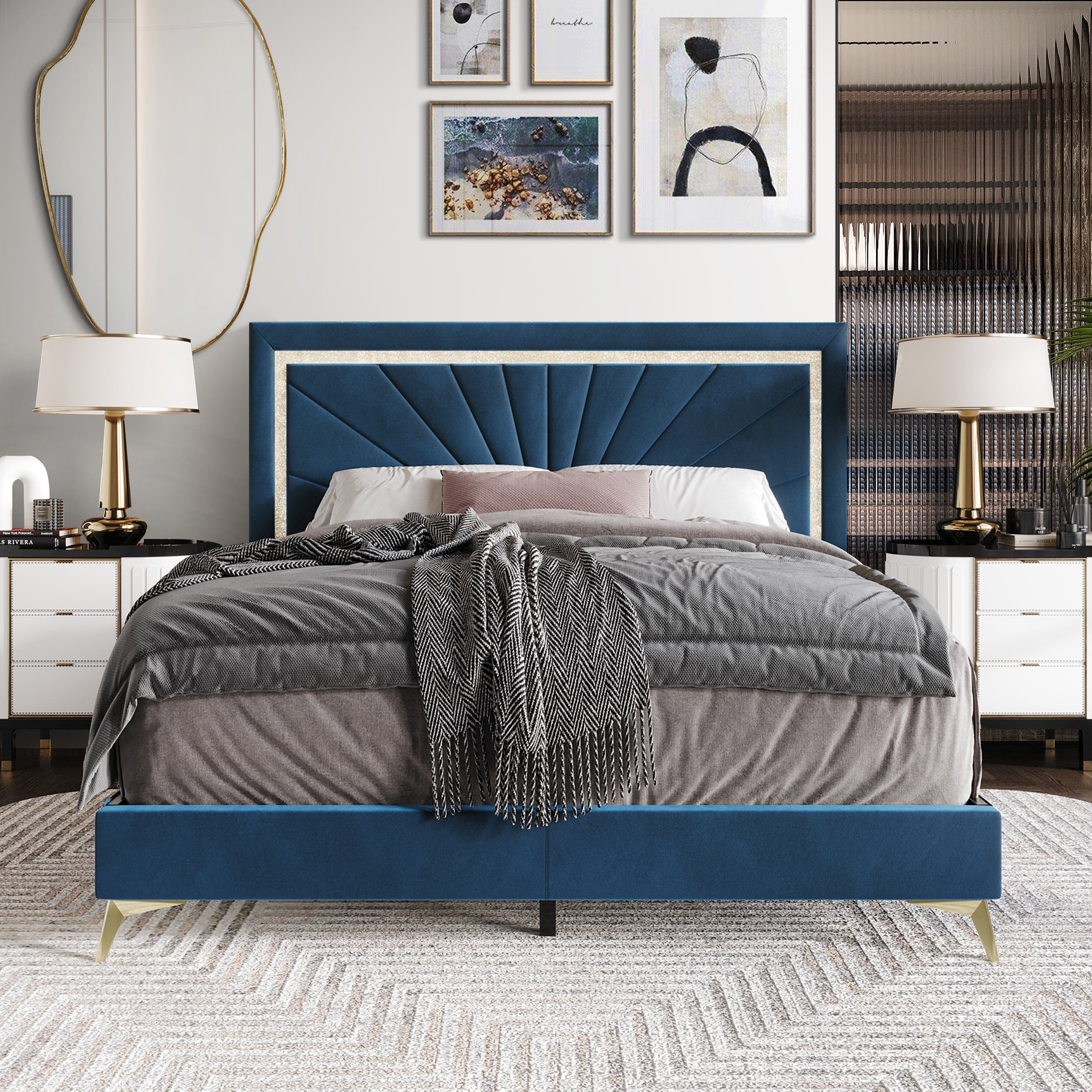 Castle Place Luxurious Diamond Strip Velvet Upholstered Bed Navy Blue, Twin